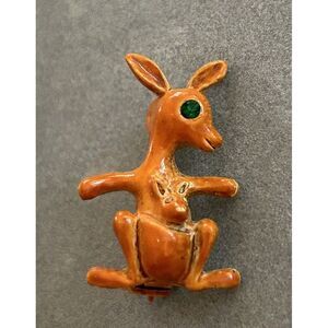 Vintage Kangaroo Brooch w/ Joey Baby In Pouch Painted Enamel Green Crystal Eye